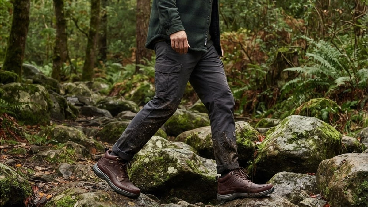 Editorial banner featuring model wearing Dunham best sellers collection style