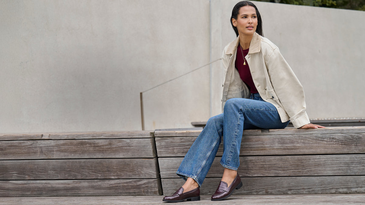 Editorial banner featuring model wearing Women's Vianna Penny Loafers