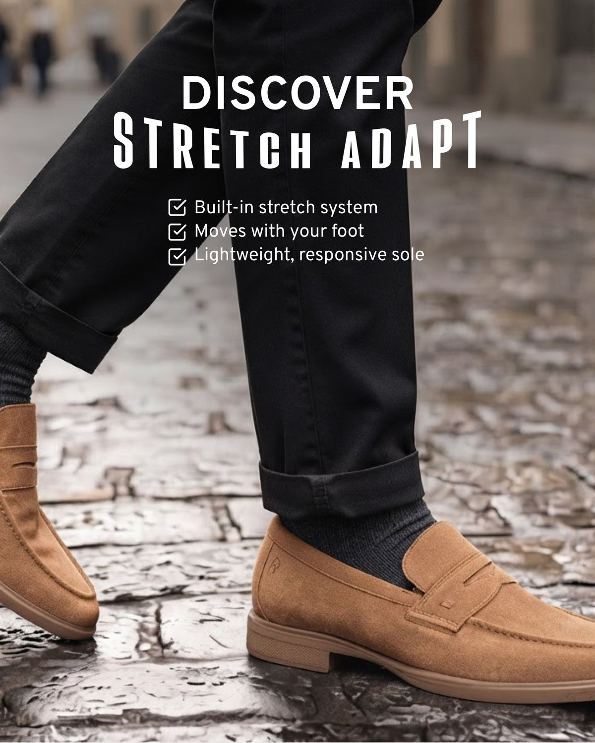Editorial banner featuring Stretch Adapt. Built-in stretch system. Moves with your foot. Lightweight, responsive sole.